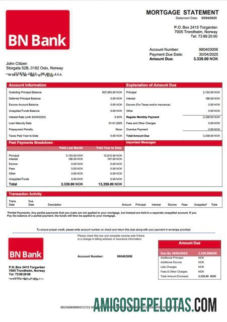 em branco Modelo Word e PDF de declaração de hipoteca do banco BN da Noruega